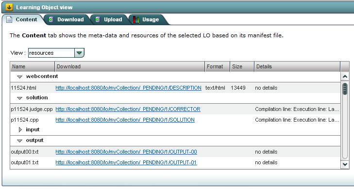 Figure 16: Resources view In this view you can get a LO asset from the server. An asset could be a problem description, a solution file or even a set of input files from a test case.