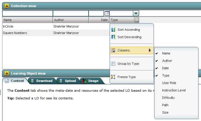 Figure 8: Adding columns to the Collection View To prepare the repository to receive LO the user starts by