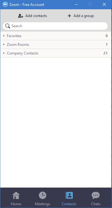 Contacts Click this option to view all New River contacts (Company Contacts) and all the Zoom Rooms. Use the Favorites group to keep track of your frequent contacts.