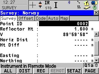 Instrument in Remote Mode appears in the status line. When the message appears the display and keyboard are locked on the totalstation.