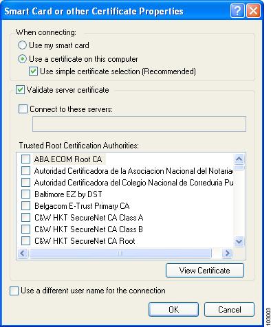 Figure E-4 Smart Card or Other Certificate Properties Screen Step 5 Step 6 Step 7 Step 8 Choose the Use a certificate on this computer option.