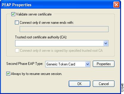 Figure E-6 PEAP Properties Screen Step 4 Step 5 Check the Validate server certificate check box if server certificate validation is required (recommended).
