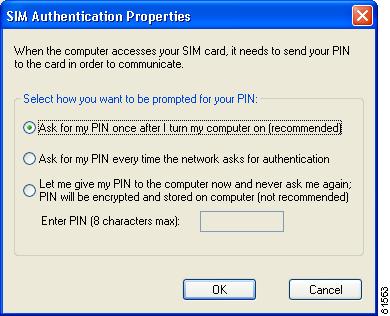 Figure E-9 SIM Authentication Properties Screen Step 5 To access any resources (data or commands) on the SIM, the EAP-SIM supplicant must provide a valid PIN to the SIM card, which must match the PIN