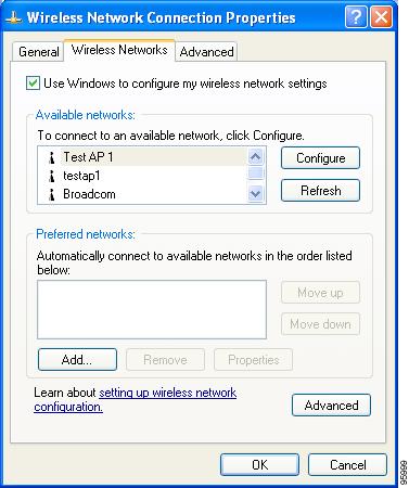 Figure E-1 Wireless Network Connection Properties Screen (Wireless Networks Tab) Step 6 Step 7 Make sure that the Use Windows to configure my wireless network settings check box is checked.