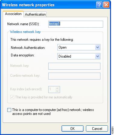 Figure E-2 Wireless Network Properties Screen (Association Tab) Step 8 Step 9 Step 10 Perform one of the following: If you chose an SSID from the list of available networks, make sure the SSID