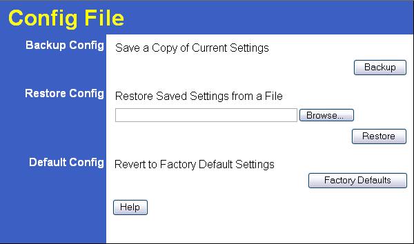 Advanced Administration Config File This feature allows you to download the current settings from the 54Mbps 802.11g ADSL Firewall Modem Router, and save them to a file on your PC.