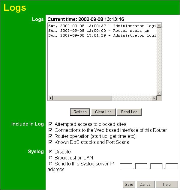 Advanced Administration Figure 66: Logs Logs Screen Data - Logs Logs Screen Logs Current Time Log Data Buttons The current time on the 54Mbps 802.11g ADSL Firewall Modem Router is displayed.