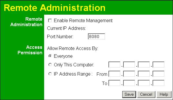 Advanced Administration Remote Administrationistration If enabled, this feature allows you to manage the 54Mbps 802.11g ADSL Firewall Modem Router via the Internet.