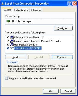 54Mbps 802.11g ADSL Firewall Modem Router User Guide Checking TCP/IP Settings - Windows XP 1. Select Control Panel - Network Connection. 2. Right click the Local Area Connection and choose Properties.