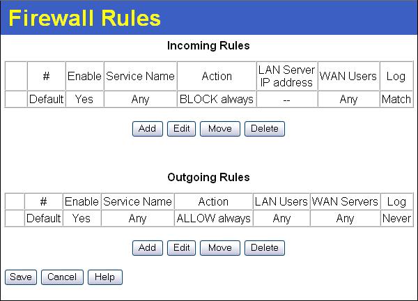 Advanced Features Firewall Rules The Firewall Rules screen allows you to define "Firewall Rules" which can allow or prevent