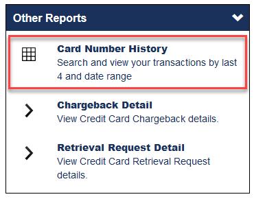 Card Number History To run the Card Number History, begin at the All Merchant Reports and follow these steps: Note: To