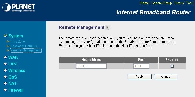 5.1.3 Remote Management You can specify a Host IP address that can perform remote management from Internet.