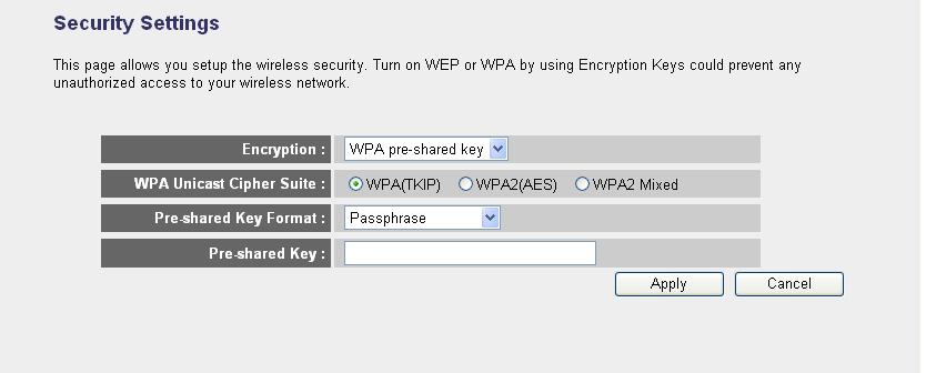 Parameter Encryption Please select WPA pre-shared key in this option.