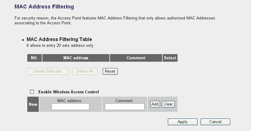 5.4.4 Access Control WNRT-625G provides MAC Address Filtering, which prevents the unauthorized users from accessing your wireless network.