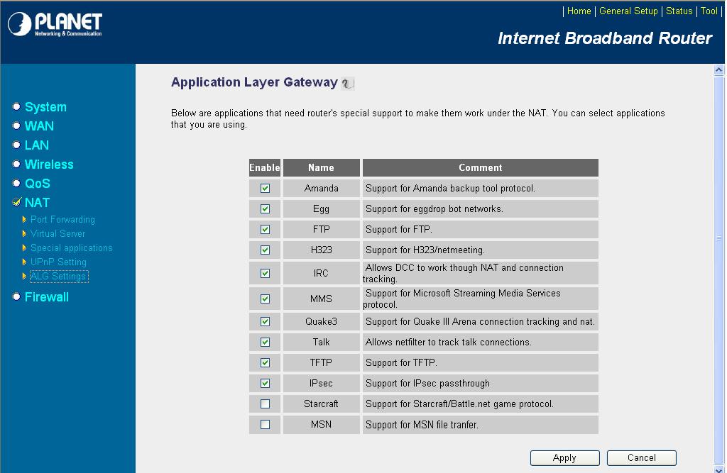 5.6.6 ALG Settings You can select applications that need Application Layer Gateway to support.