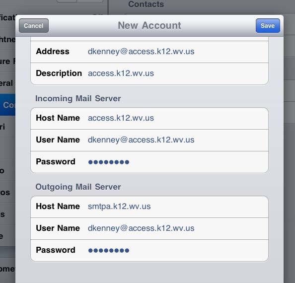 K-12 Email on ipad Change from IMAP to POP Incoming Mail Server: access.k12.wv.