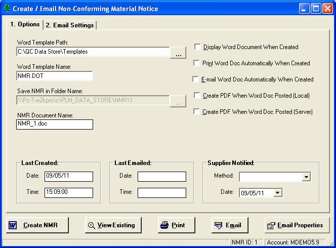 Generate Non-Conforming Material Report (NMR) This screen is displayed when you click the [Create/Email NMR] button on the NMR tab.