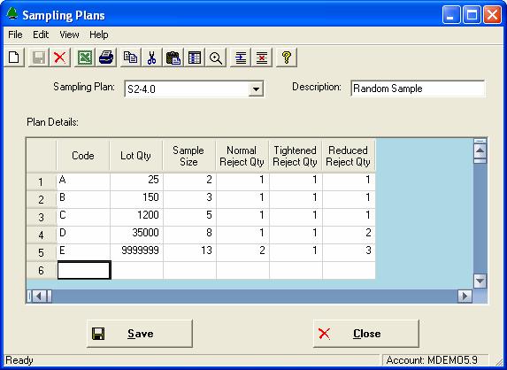 Sampling Plans Each Sampling Plan will have a table of values used to calculate the Sample Size required for each QA Lot, along with the Reject Quantity for both Normal, Tightened and Reduced