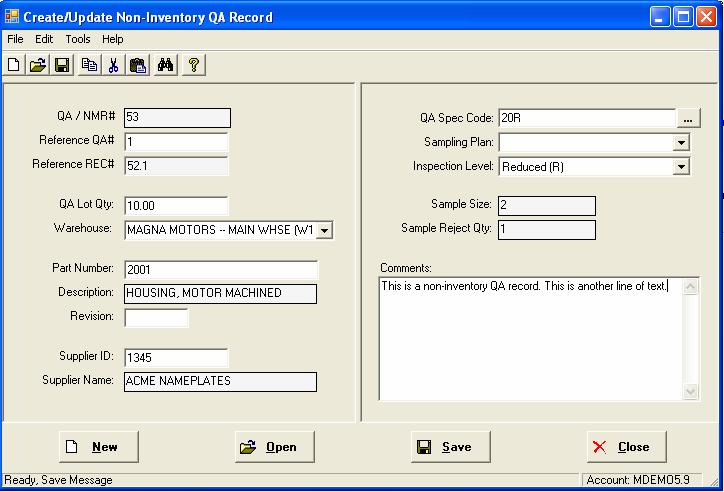 Create New Non-Inventory QA Record QA records are normally created automatically by the system when parts are received into a QA controlled location via a Purchase Order Receipt or a Stock