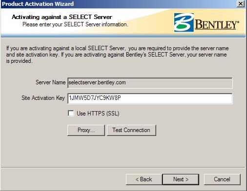 Select the option hosted (Bentley) SELECT Server and click on the Next button.