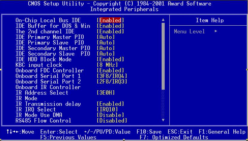 4.2.7 Peripheral setup By choosing the Peripheral Setup option from the Award BIOS Setup Utility menu, the screen below is displayed.