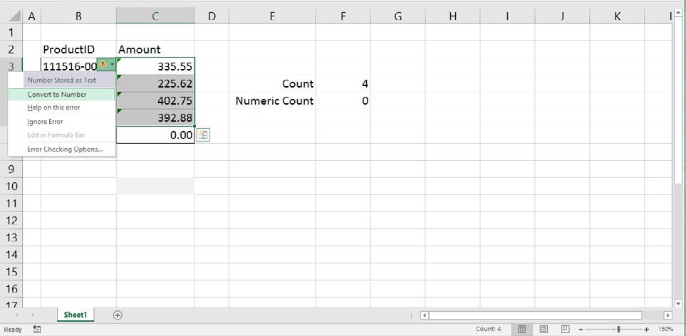 This formats the cells as numbers. The correct total and Numeric Count now confirm. By Excel default, cells are initially formatted as General with no special formatting rules.