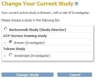 7 Change Study/Site When you log in to OpenClinica, your active study will be the study you last worked on.