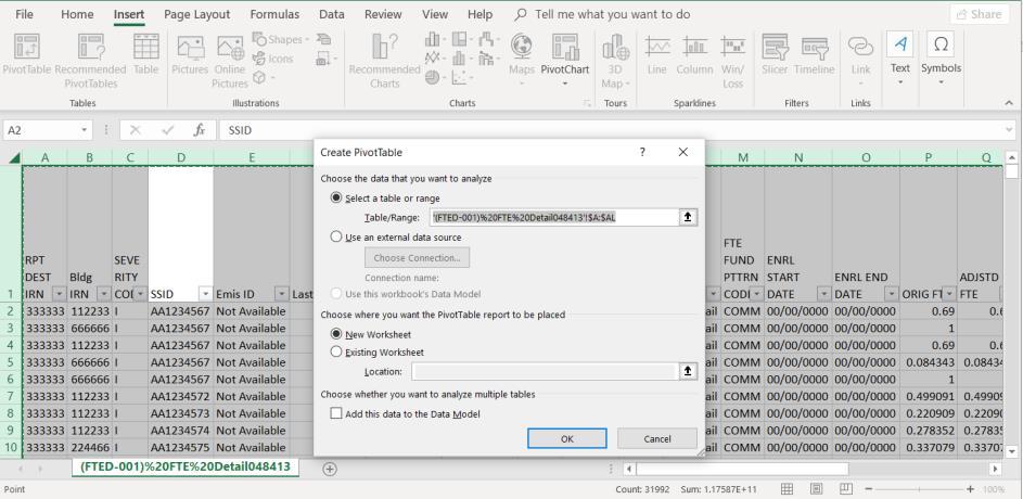 Summarize SPED Students Choose OK to begin building the pivot table on a