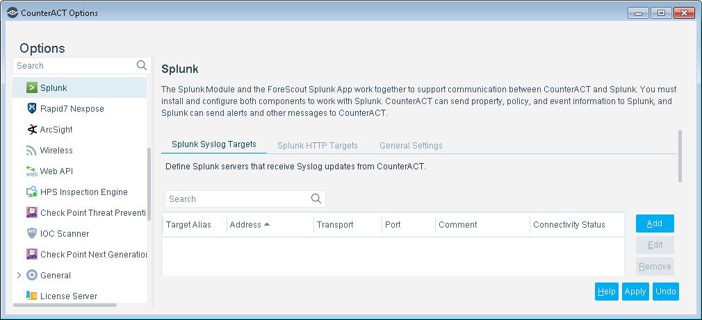To configure Splunk Syslog Targets: 1. In the Console, select Options from the Tools menu.
