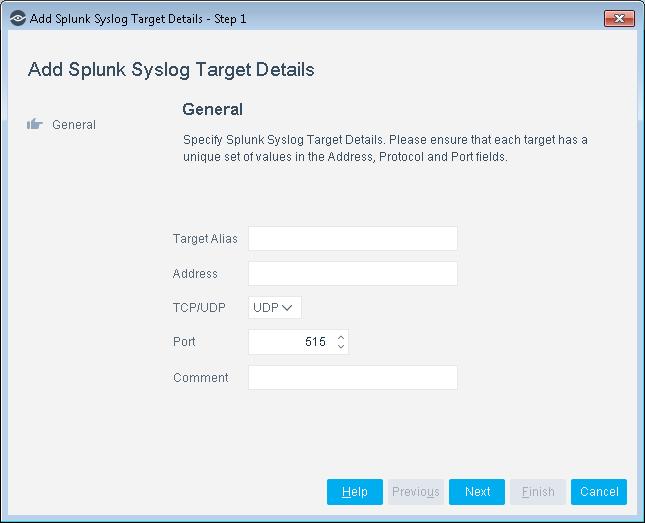 The Splunk pane opens to the Splunk Syslog Targets tab. 3. Select Add. 4.