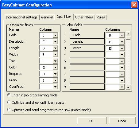 Optimizer data filter This allows corresponding values between user source work sheet data and EasyCabinet workbook data to be set and which will be sent to the cutting optimizer.