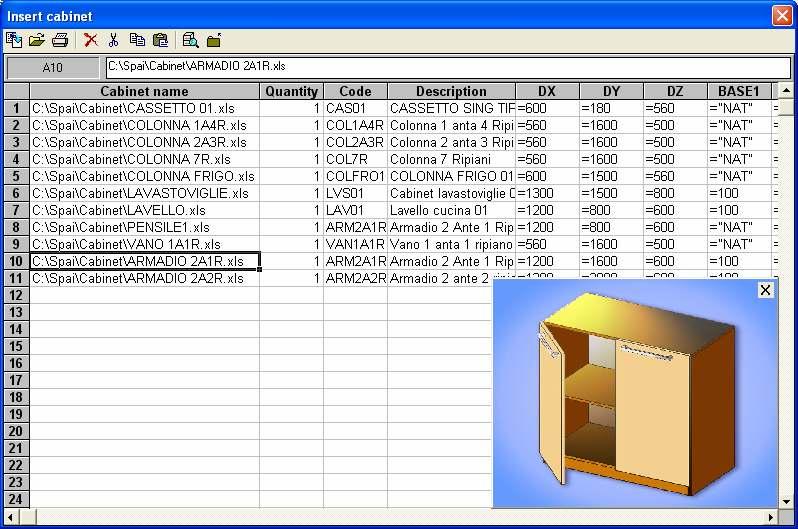 Import from Cabinet This tool allows filling of the Cabinet list from the Cabinet archive, of a simple inventory of suite (parametric kind or not).