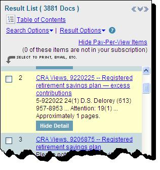 Figure 24 On the split screen Result List tab located in the left frame, use the Search Options dropdown list to modify your search, search within
