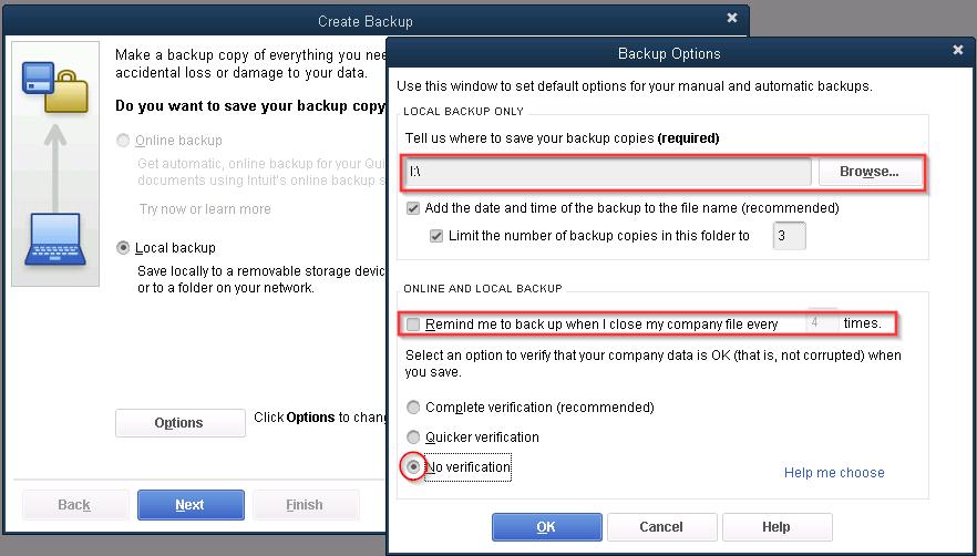 b. On the Create Backup window that appears next assure that the Local backup option is selected and cl
