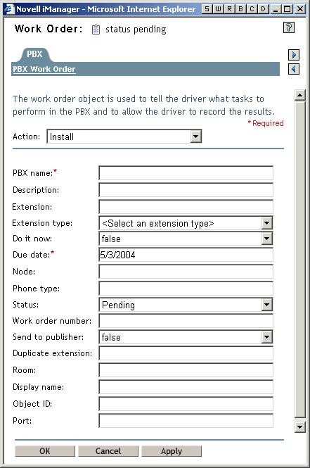 Figure 1-3 The Work Order Page pbxextension DirXML-pbxExtension represents extensions. After performing a work order, the driver shim sends one of these objects to represent the work that was done.