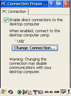 3.14. PC CONNECTION The PC Connection control panel determines how ActiveSync works with the PDA. To modify the default settings: 1. Select Start > Settings > Control Panel > PC Connection. 2.