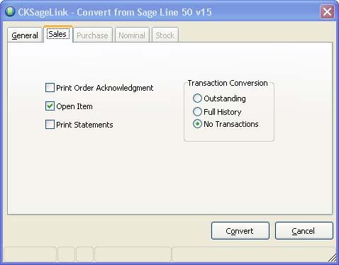 CK Sagelink Page 11 4.2 Sales Tab The Open Item and Print Statements tick boxes related to the Options screen in Sales Processing within Opera II/3.