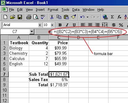 manipulated with appropriate operands placed in between. After the formula is typed into the cell, the calculation executes immediately and the formula itself is visible in the formula bar.