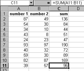 The function in cell C2 would be "=SUM(A2:B2)".