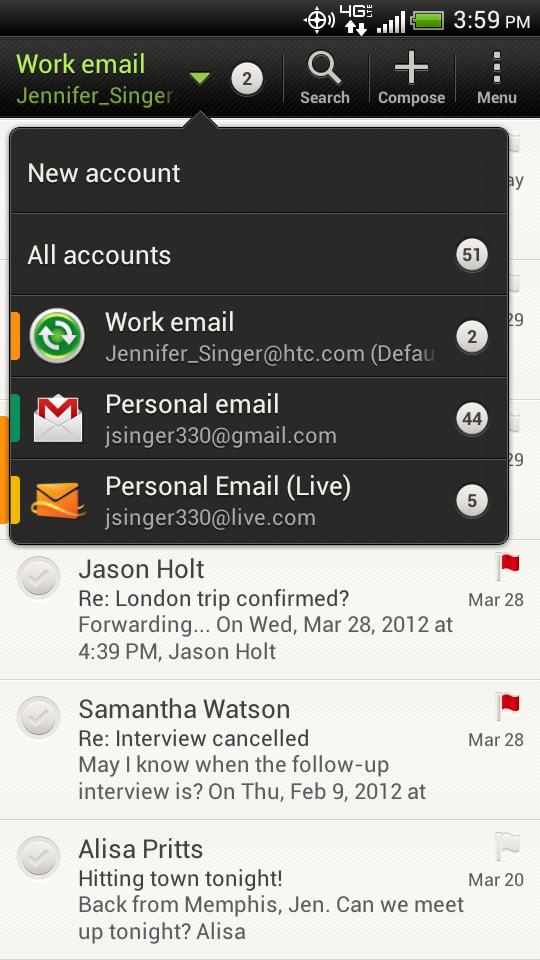 148 Email Checking your Mail inbox When you open the Mail app, it displays the inbox of one of your email accounts that you ve set up on Droid Incredible 4G LTE by HTC.