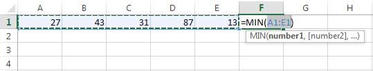 Note that Excel guesses the cells in which you wish to find the minimum number and gives you the option to edit the formula