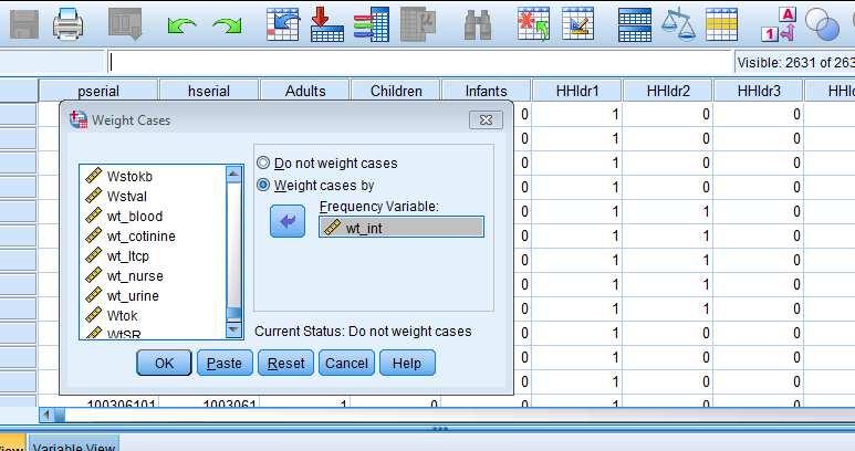 Because we are using data collected only at the interview stage, we want to use the Interview weight. a. From the drop-down menus, select Data> Weight Cases b.