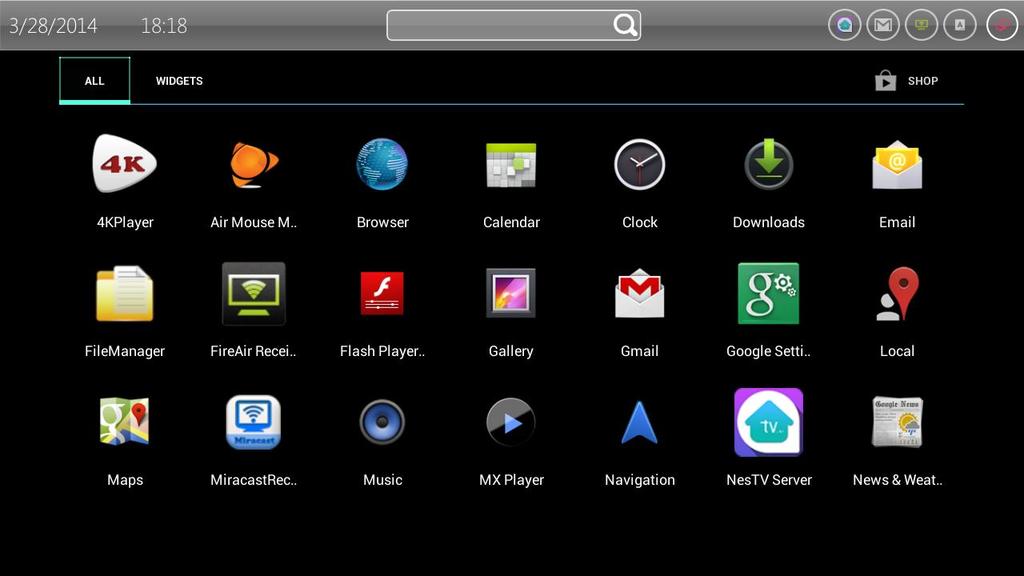 3.7 Open All App Click the video player icon in the Launcher or on the Home screen. You can see the screen like below, it shows all your apps.