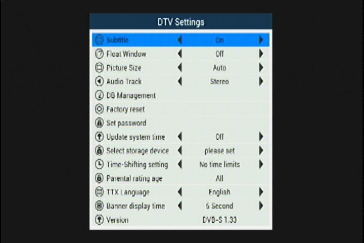 3 DTV Settings DTV settings support configures the entire DTV base parameter Subtitle, Teletext, Audio track, Picture size, USB storage device