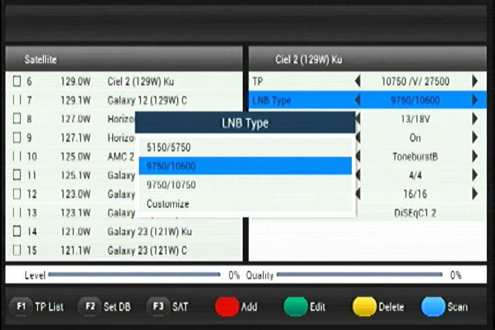 0/1.1/1.2, Motor, USALS, UniCable, MDU etc and change (Add, Edit and Delete) satellite, TP then search channel.