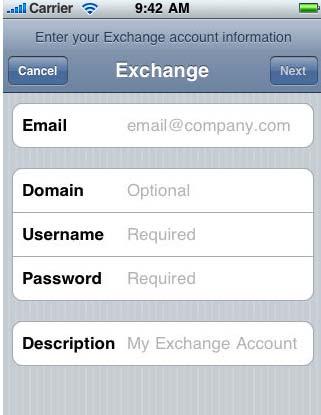 Active Sync Configuration: iphone 1 From the home screen of your iphone, select Settings icon 2 Tap Mail, Contacts, Calendars 3 Tap Add Account 4 Tap Exchange 5 Enter your Exchange account