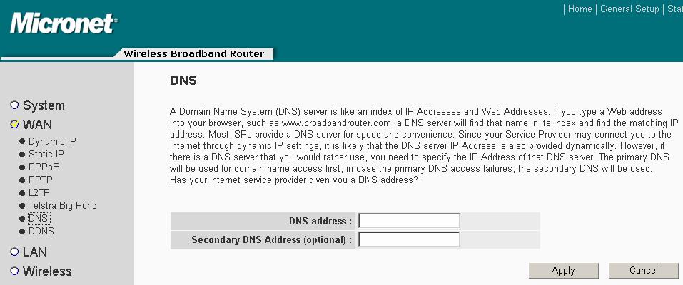 Telstra Big Pond DNS DDNS This Protocol only used for Australia s ISP connection. Follow section 4.1 Telstra Big Pond for detail information. Users can specify a DNS server.