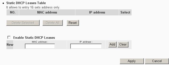 Enable Static DHCP Leases MAC Address IP address Check this box to enable this function. Input the MAC address of the computer or network device.