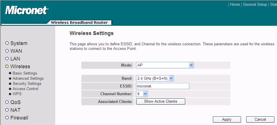 Mode: AP Mode Band ESSID Channel Number It allows user to set the following mode: AP, Station, Bridge or WDS mode. It allows user to set the AP to be fixed at 802.11b, 802.11g or 802.11n mode.