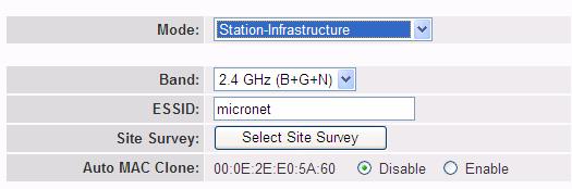 Mode Band ESSID Site Survey WLAN MAC It allows user to set the following mode: AP, Station, Bridge or WDS mode. It allows user to set the AP to be fixed at 802.11b, 802.11g or 802.11n mode.